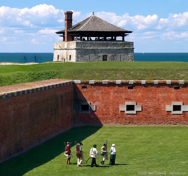 A view of the Fort Niagara walls, north redoubt, and Lake Ontario.