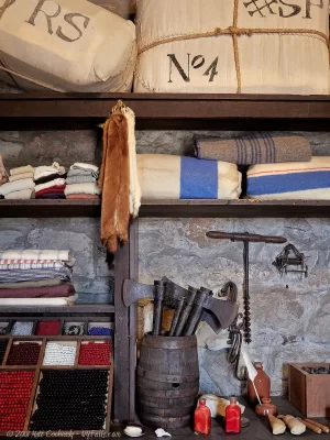 Period items on display in the recreation of the provisions shop in the French Castle.