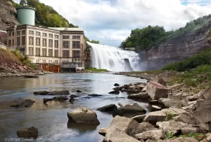 A wide view of Rochester's Lower Falls and the adjacent hydroelectric power plant