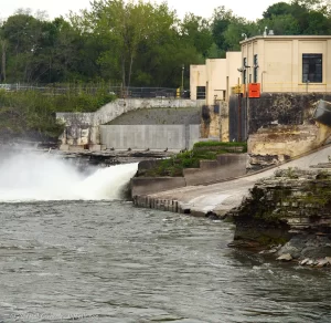 Rochester Middle Falls, which is now a hydroelectric dam surrounded by power plants and related development.