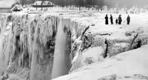 An 1848 image of Niagara Falls almost run dry by an upstream ice dam.