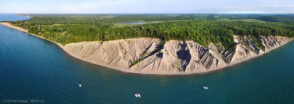 An aerial panoramic view of Lake Ontario and the Chimney Bluffs