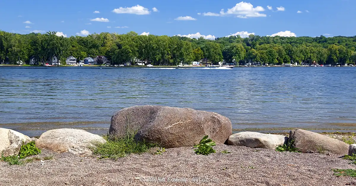 A view of Conesus Lake and shoreline taken from Long Point Park