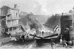 An illustration of construction on the Erie Canal in Rome, NY from American scenery, or, Land, lake, and river illustrations of transatlantic nature by Nathaniel Parker Willis