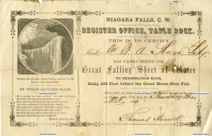 A vintage certificate for the tourist attraction "Great Falling Sheet of Water" in 1818, Niagara Falls Canada.