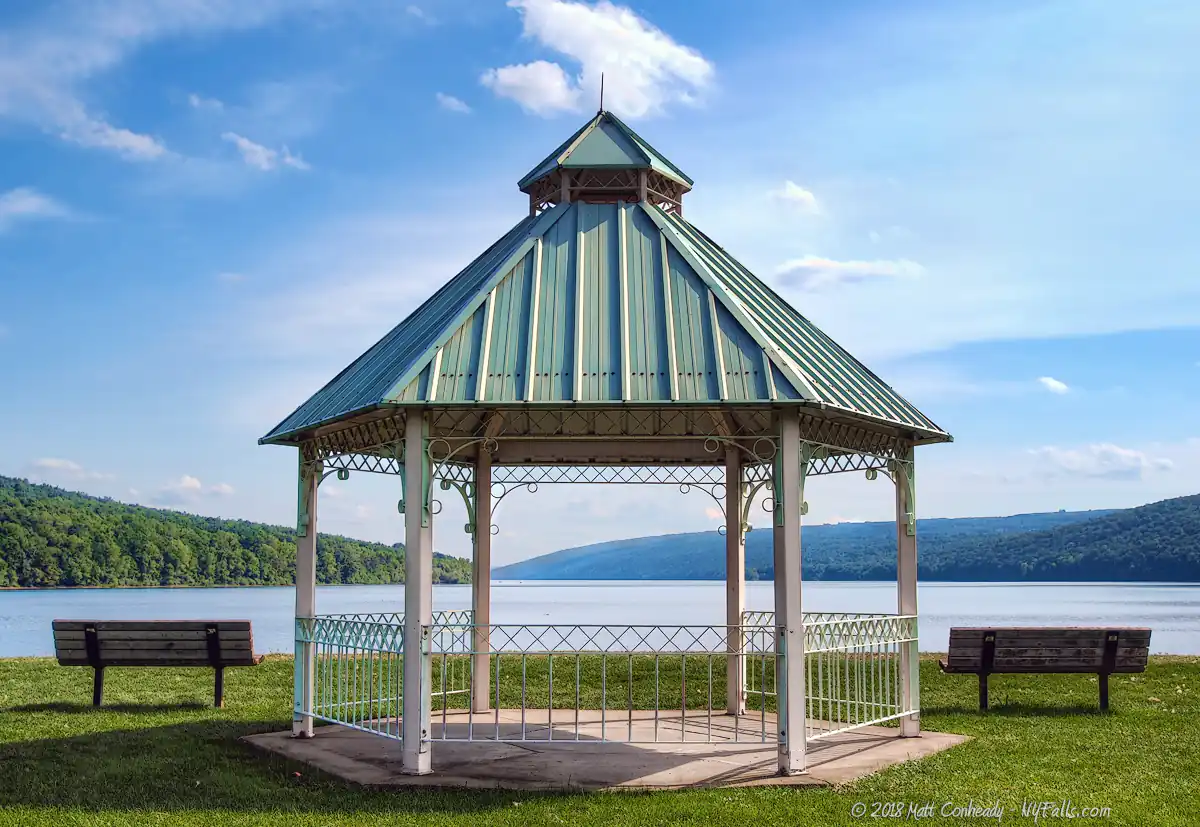 A gazebo with the best views of Hemlock Lake on a sunny day