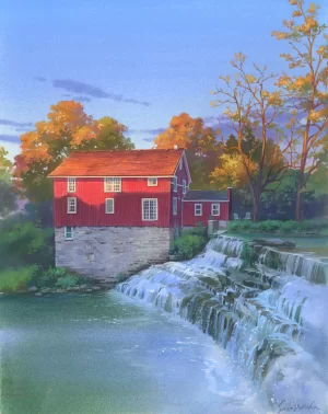 A watercolor painting of Honeoye Falls and the red mill next to it.