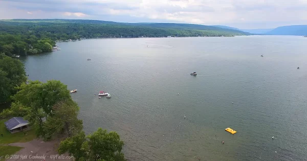 A aerial view of Honeoye Lake on a cloudy day. Taken from Sandy Bottom Park