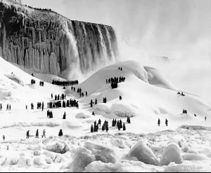 1875 photo by George Barker of a massive ice bridge below Niagara Falls.