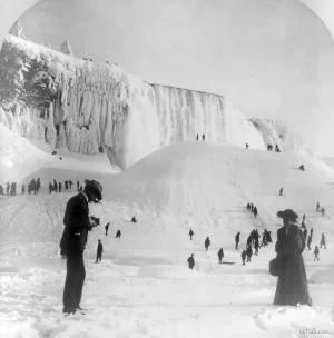 A 1902 photo showing tourists on an ice bridge below Niagara Falls.