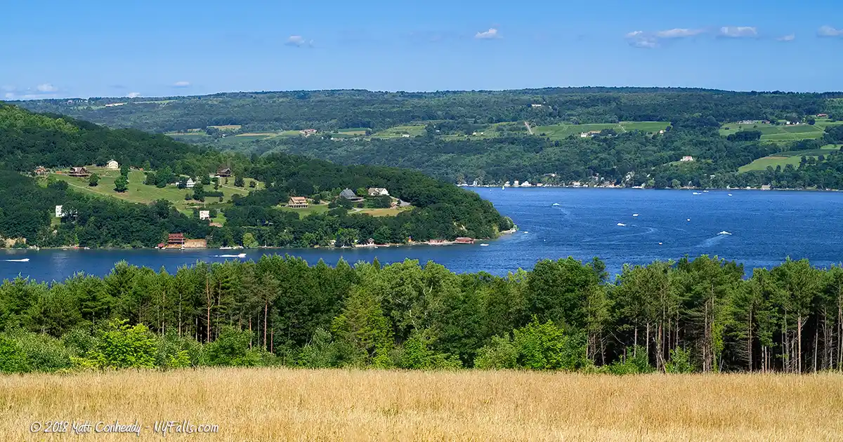 A view from the west of Keuka Lake showing the middle land that forms the "Y" shape of the lake.