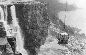 Construction crews inspect the face of Niagara Falls in 1969 when a coffer dam stopped the flow of water.