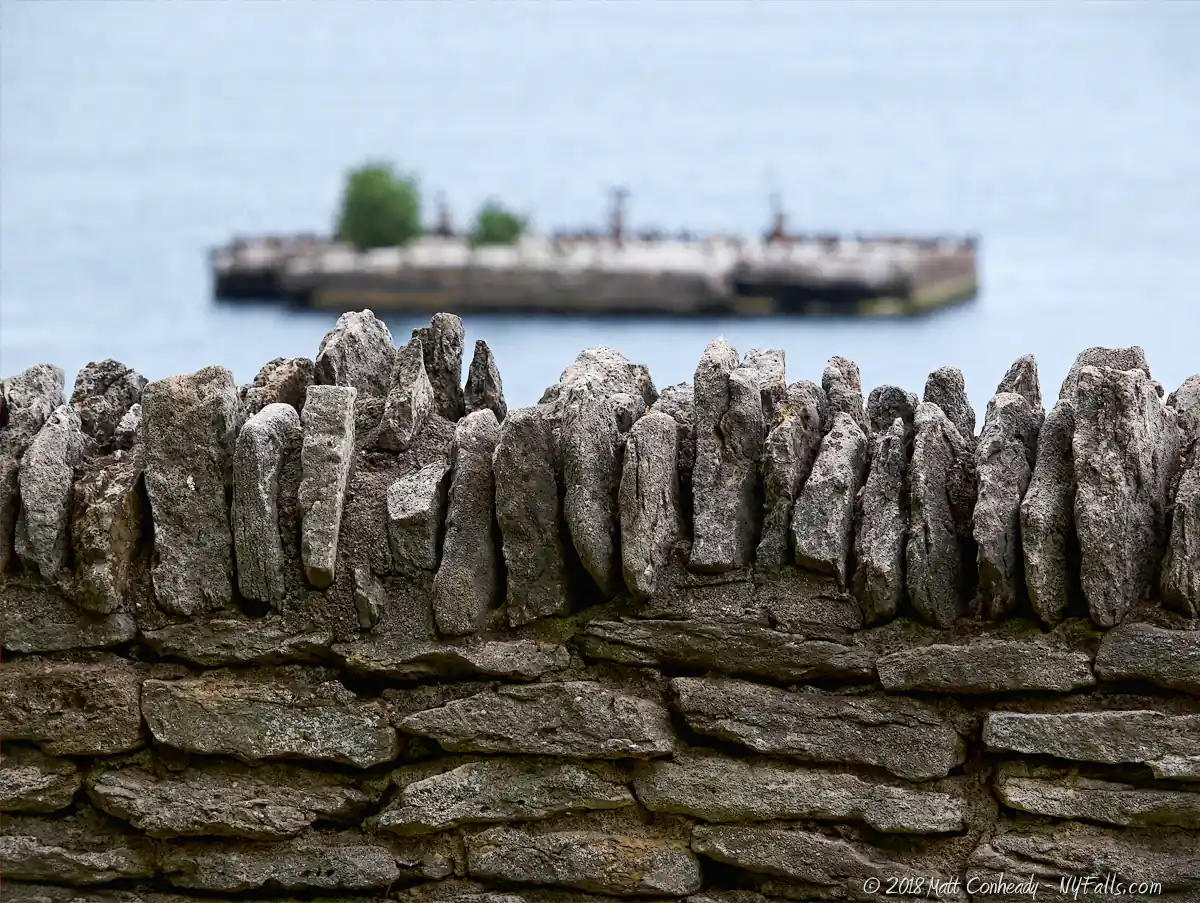 A close up of the stone walls that outlined the foundation of the Olcott Beach hotel