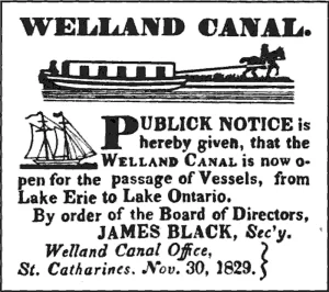 Public notice for the opening of the Welland Canal