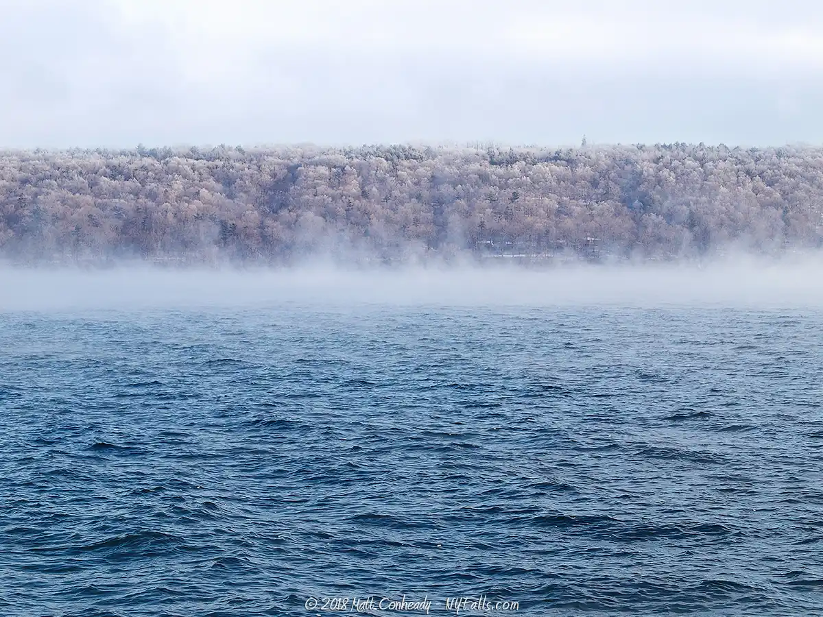 A record cold morning on Cayuga Lake frosted the trees and created a layer of dense fog