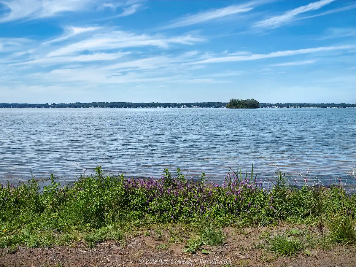 A sunny view of Cayuga Lake from Frontenac Park with Frontenac Island visible.