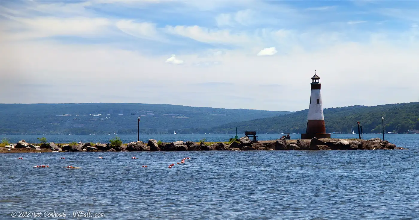 The lighthouse at Myers Park on Cayuga Lake.