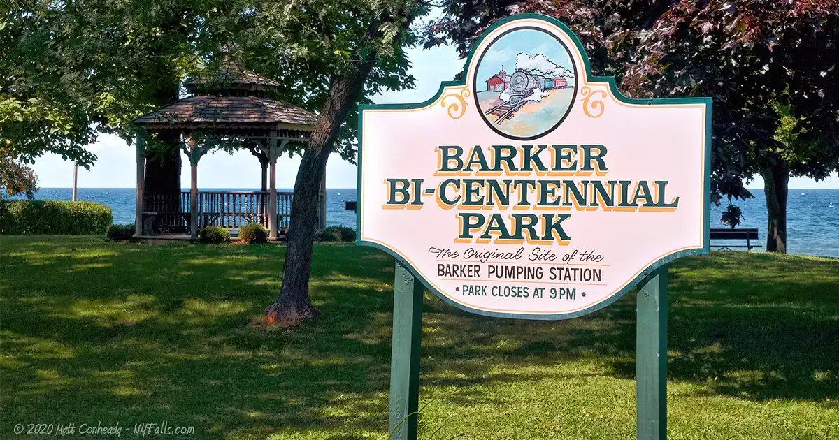 A sign for Barker Bi-Centennial Park "The original site of the Barker Pumping Station"
