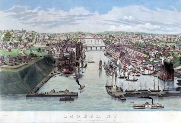 An illustration from 1855 of Owego and its harbor