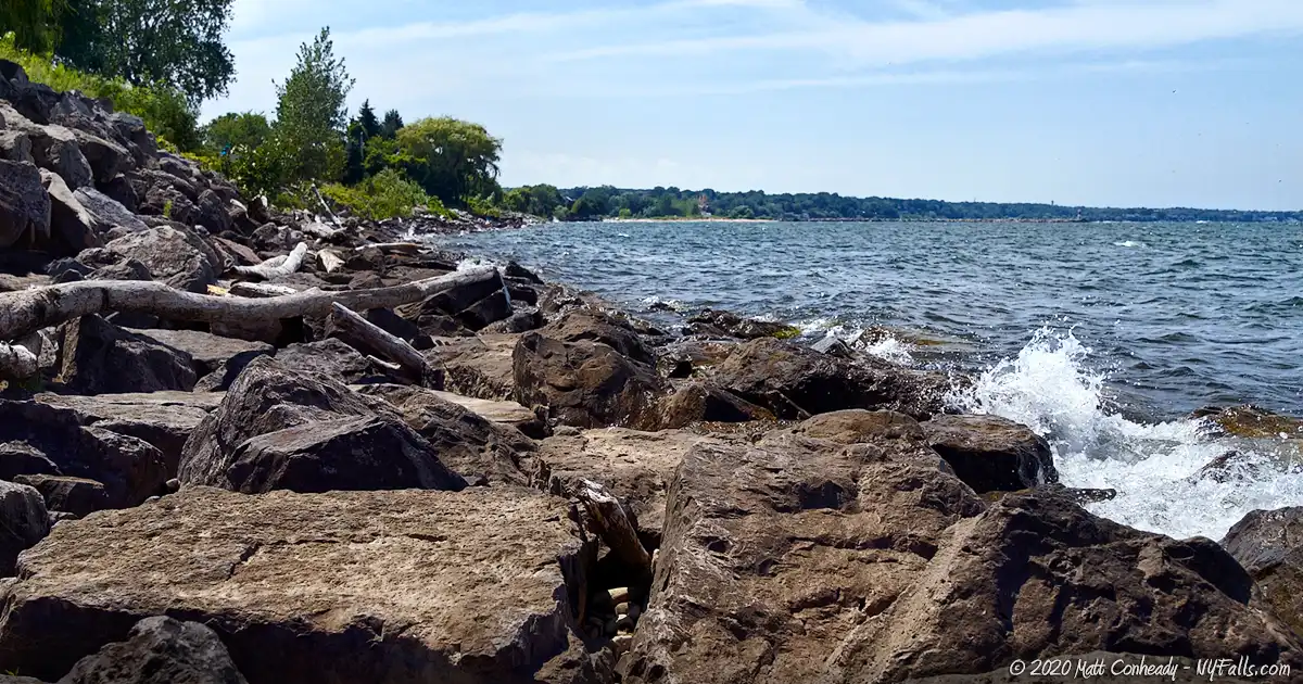 The rocky Lake Ontario shoreline at Sandbar Park in Webster, NY
