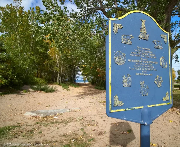 A historical marker on the beach commemorating the Seneca Tribe of the Iroquois, the "Keepers of the western door"