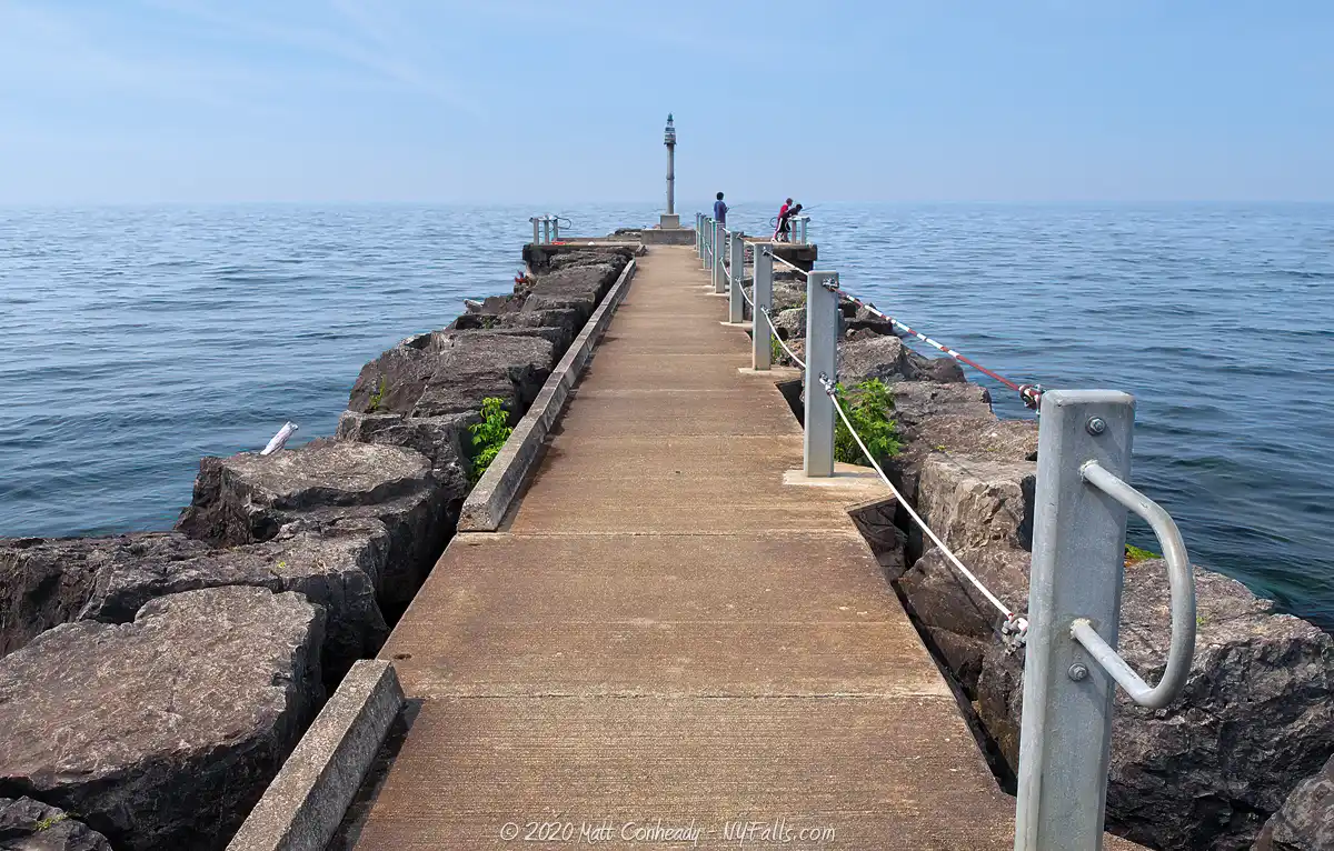 Looking down the pier at Webster Park to Lake Ontario