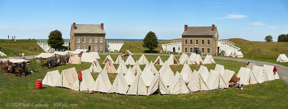 A panoramic view of and encampment in Fort Ontario in Oswego.