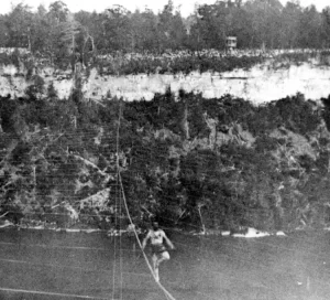 The Great Blondin crossing the Niagara Gorge via tightrope in 1859