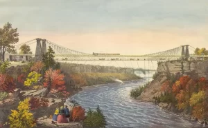 Illustration showing the Niagara Falls Suspension Bridge over the Niagara Gorge.