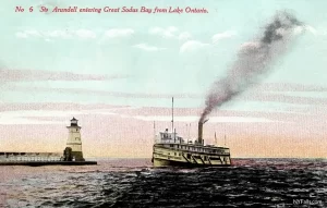 A vintage postcard showing the Arundell Steamer and wooden beacon tower c.1908