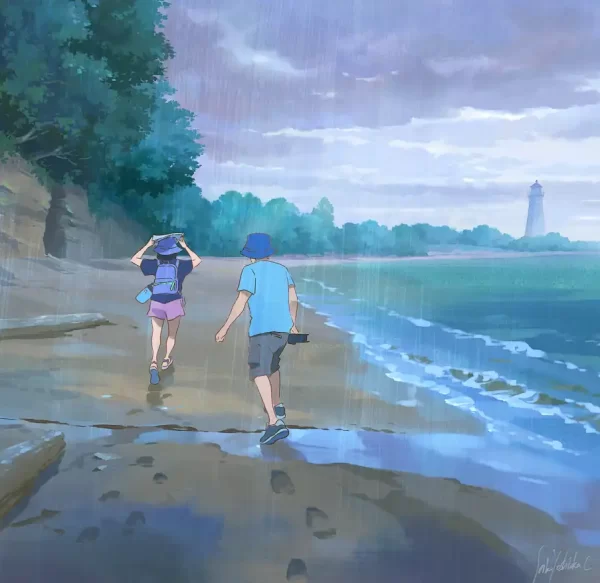 Watercolor painting by Seiko Yoshioka Conheady depicting a couple at Barcelona Harbor Beach during the rain.