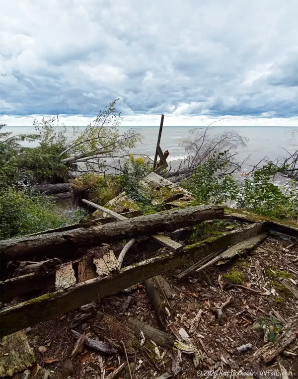 A old dock, now destroyed on the shore of Camp Beechwood State Park
