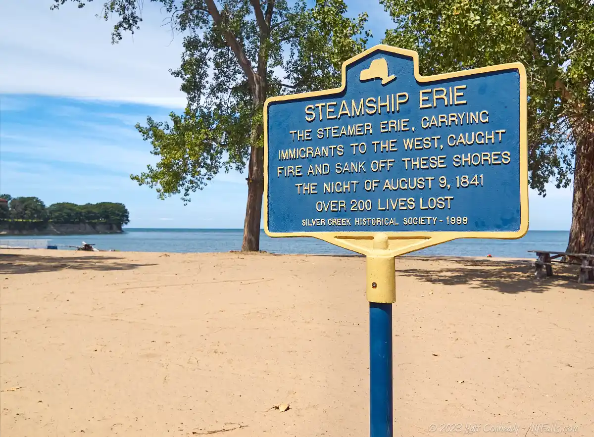 Historical marker at Gorge Borrello Park for the Steamship Erie: carrying immigrants to the west, caught fire and sank off these shores the night of August 9, 1841. Over 200 lives lost.