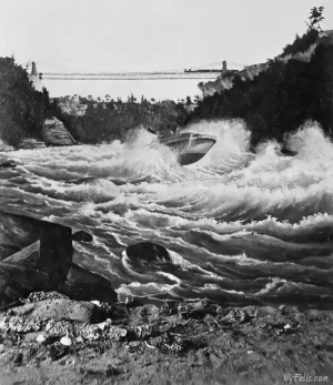 The 'Maid of the Mist' on its historic dash through the Niagara rapids with a three-man crew on a June afternoon in 1861; Joel R. Robinson was the Captain, James H. Jones, the engineer.