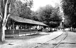 A small open-air trolley station At Willow Park at Sodus Point that greeted visitors from Rochester.