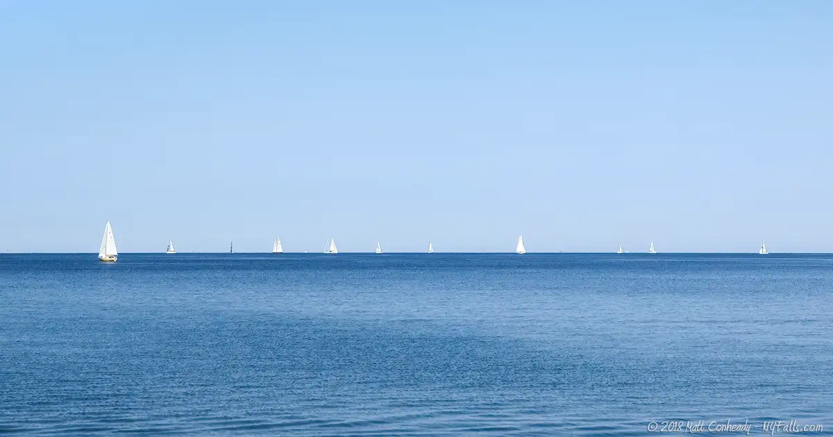 The horizon of a calm Lake Ontario with several sailboats in the distance.