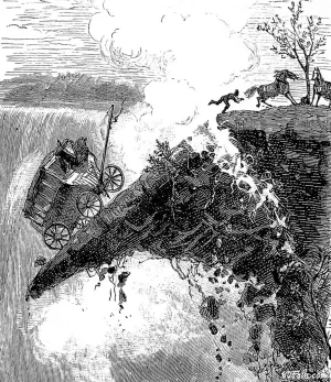 An illustration showing a dramatic scene of the collapse of an overhanging section of Table Rock.