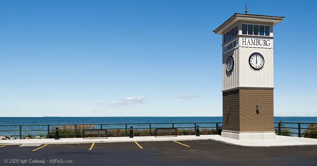 The parking area and view of Lake Eire at the Hamburg Clock Tower.