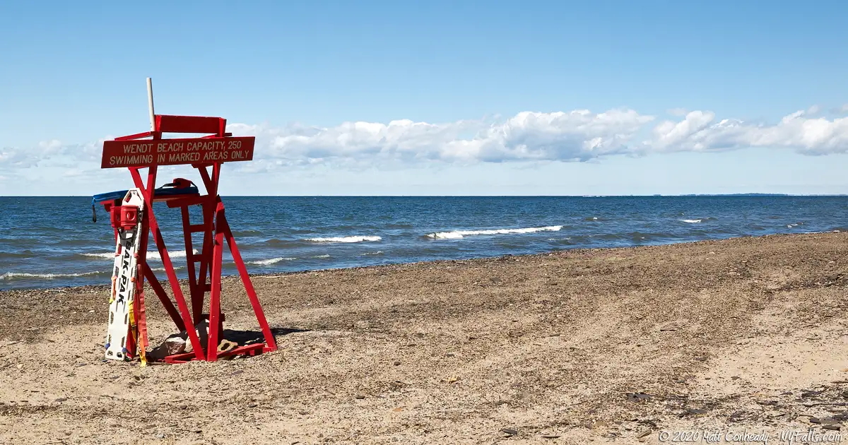An empty life guard chair at Wendt Beach Park on Lake Erie