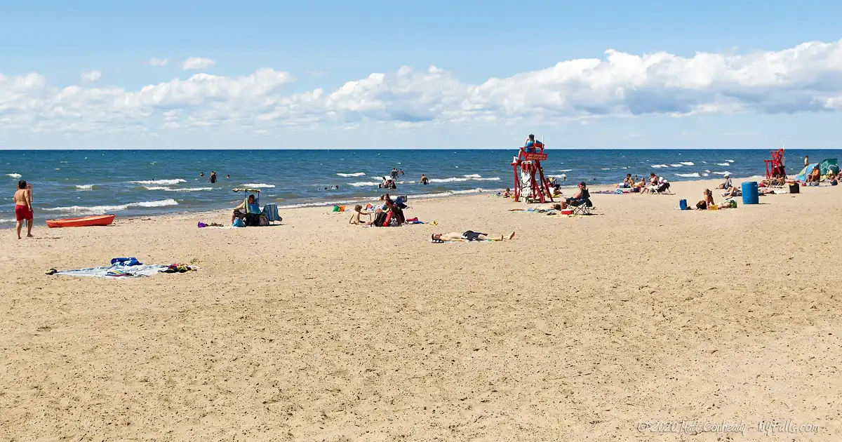 Bennet Beach on an average day with 50 or so people sunbathing and swimming in Lake Erie