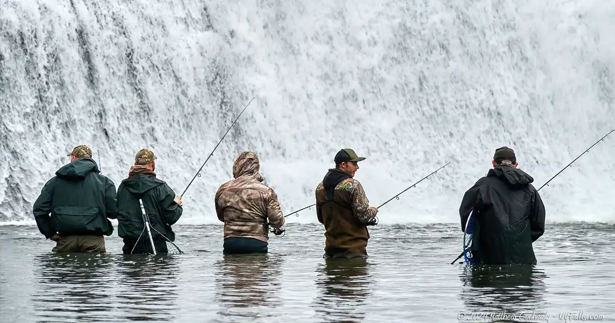 fishermen fishing for salmon below Burt Dam in Newfane.