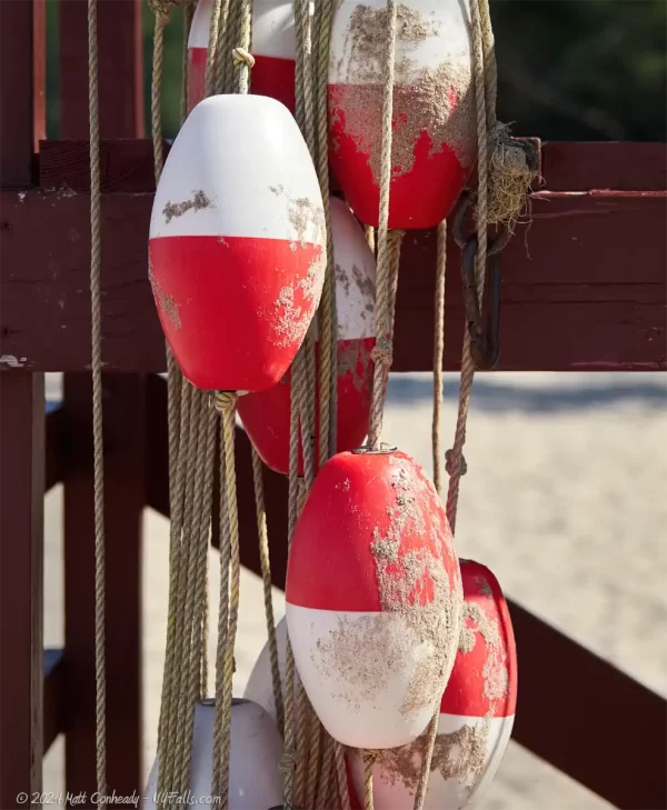 Swimming area buoys hanging on a lifeguard char at Wright Beach Park on Lake Erie at Dunkirk, NY