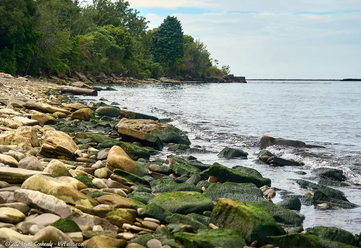 Algae-covered stones on the shore of Lake Ontario at Lakeside Park in Oswego,