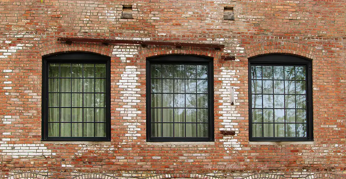 Exterior brickwork on an old factory building, now part of The Roundhouse Hotel in Beacon, NY