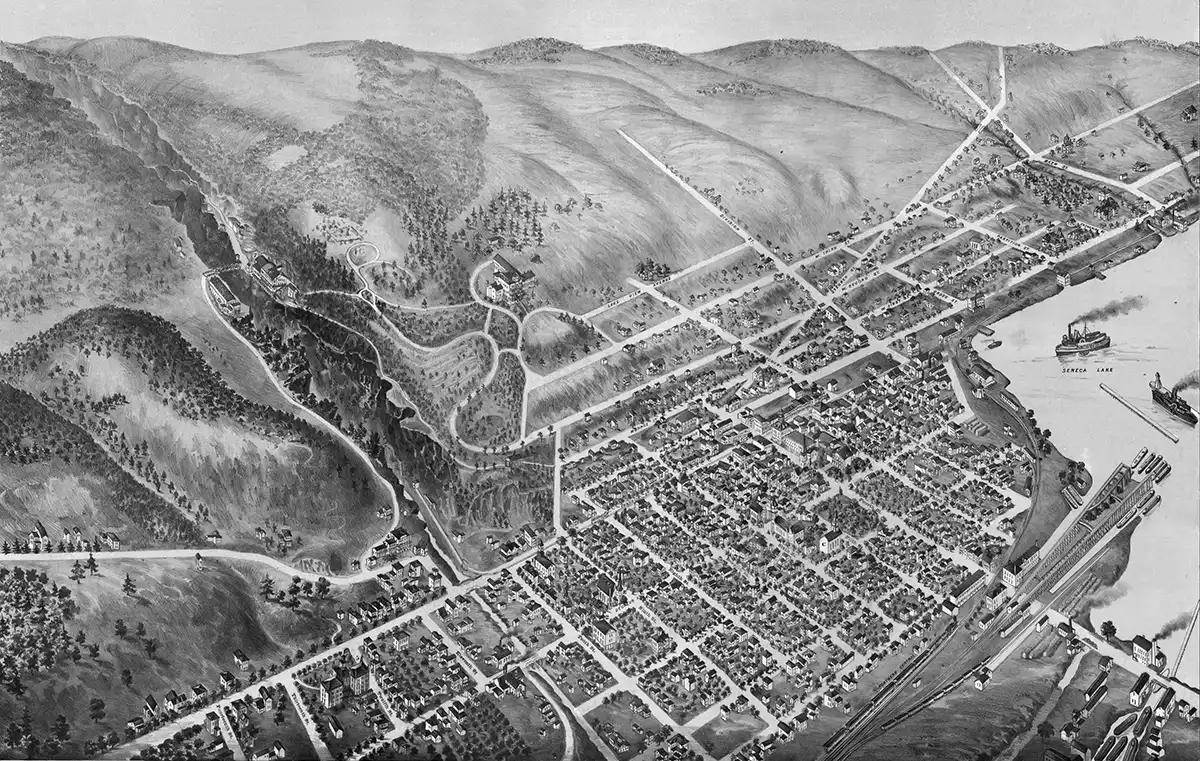 Watkins, NY birds eye view from around 1873