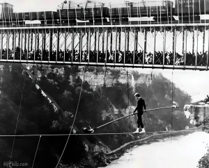 Clifford Calverly walking a tightrope over the Niagara Gorge