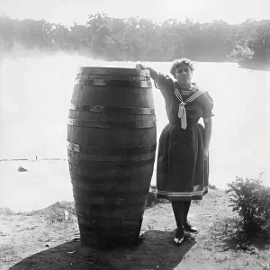 Maude Willard at the Niagara River with her barrel