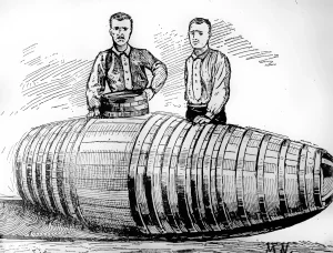 William Hazlett and George Potts with the barrel they used to flow through the Niagara Rapids