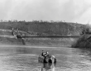 William "Red" Hill Junior in a barrel on the Niagara River